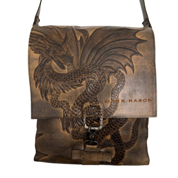 Mark Nason "Rock Never Dies" Rock Lives Dragon Leather Messenger Bag - Picture 1 of 16